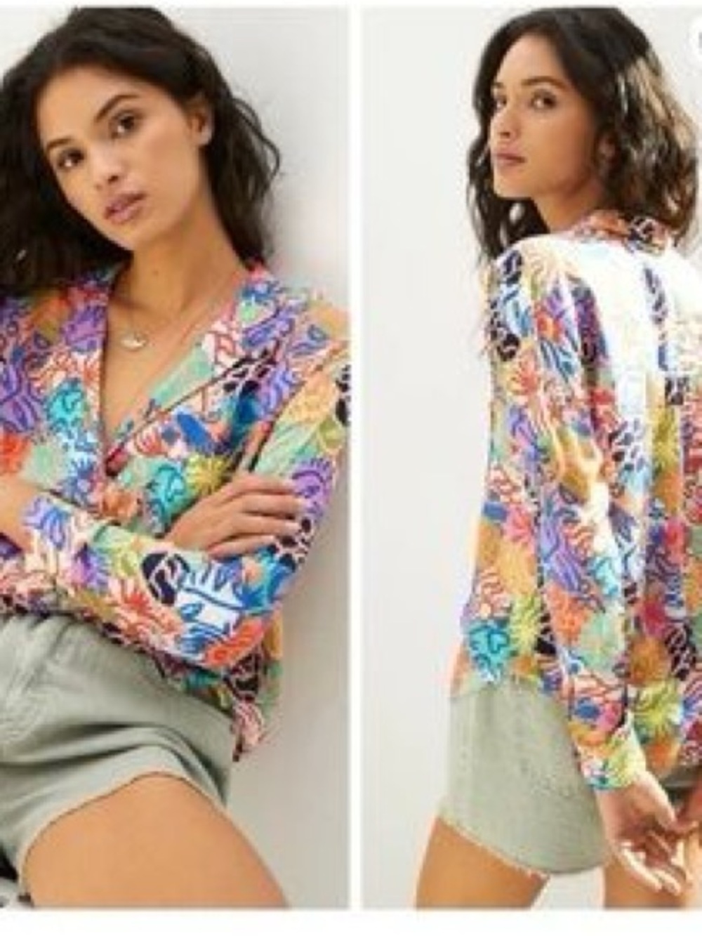 Anthropologie Multicolor Floral V-Neck Long-Sleeve Blouse